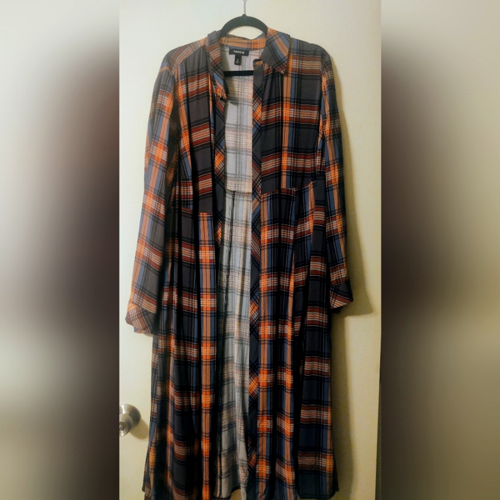 Multi plaid challis duster shirt kimono